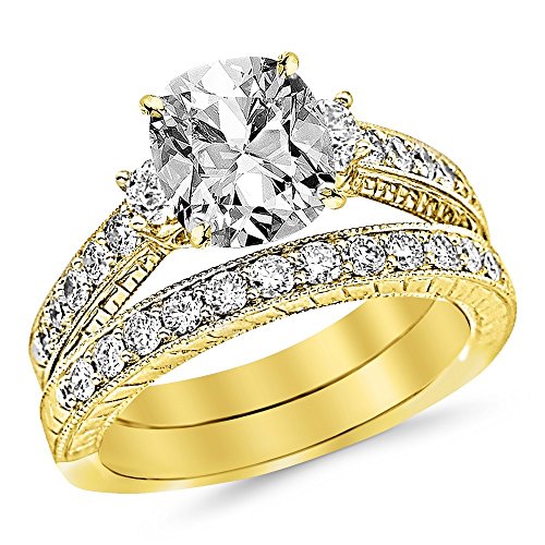 14K White Gold 3 Carat LAB GROWN DIAMOND Three Stone Vintage With Milgrain & Filigree Bridal Set with Wedding Band & Cushion Cut Diamond Engagement Ring (E-F Color VS2-SI1 Clarity 2 Ct Center)
