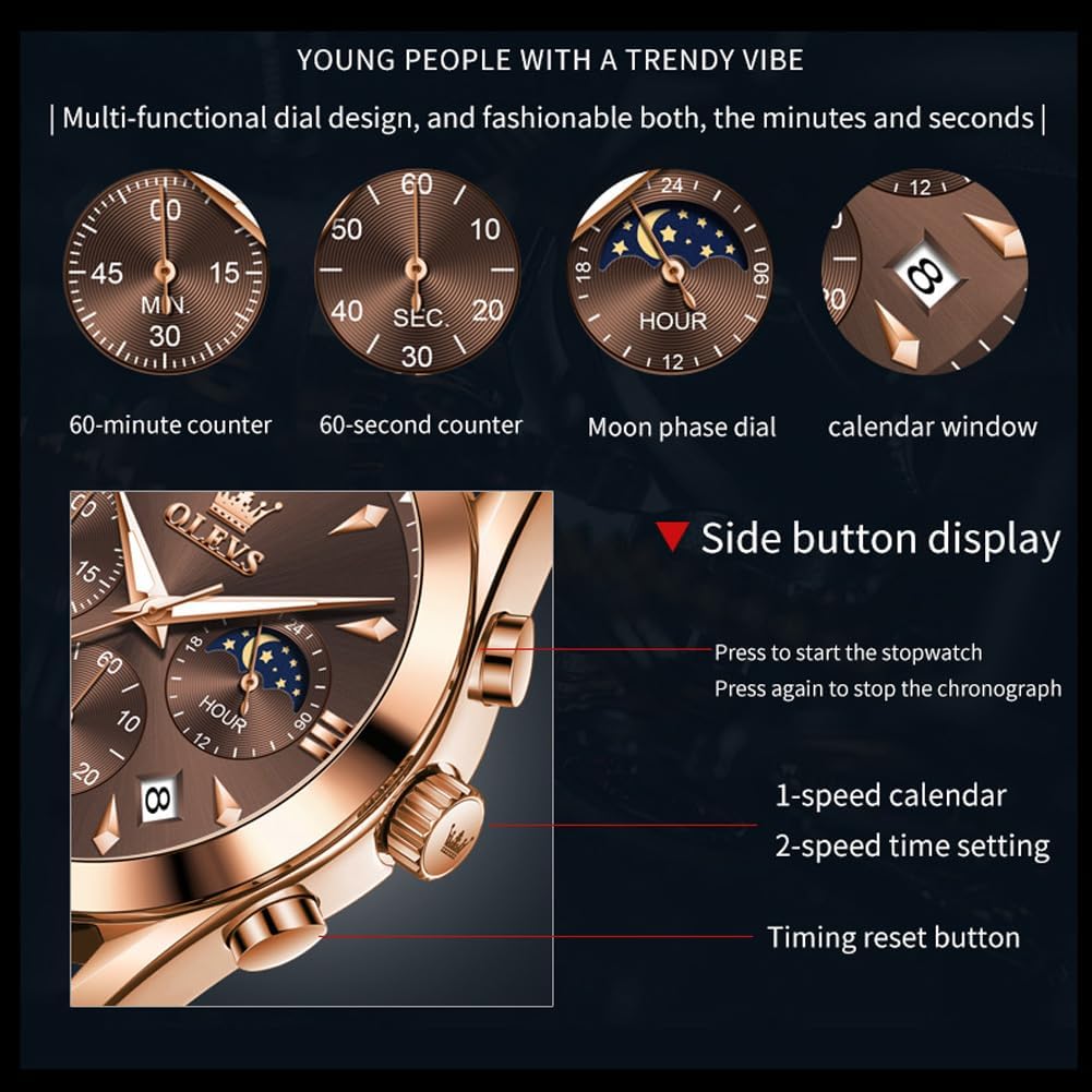 OLEVS Leather Watches for Men, Large Face Waterproof Classic Watches for Men, Casual Round Watch with Date, Luminous Easy Read Mens Dress Watch, Blue/Black/White Dial - Image 6