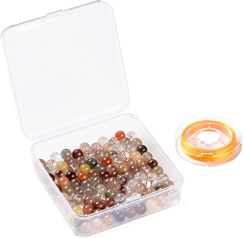 Miniatura 168 de BEEFLYING 100 cuentas de piedra de turmalina negra natural de 0.315 pulgadas (0.315 in), piedras preciosas redondas sueltas con hilo de cristal