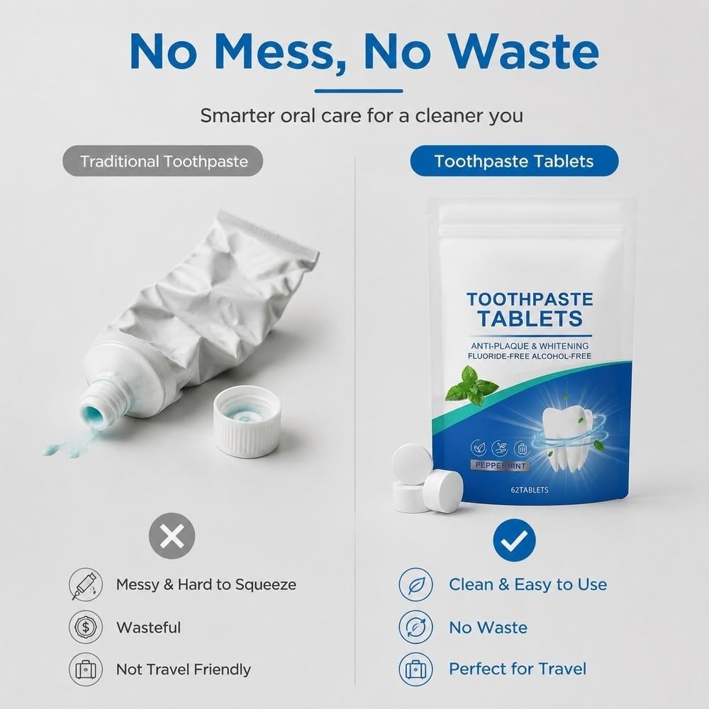 Compresse Di Dentifricio Solido Zero Waste Cura Delicata Dei Denti | Confezione Da 62 Pastiglie Detergenti For La Casa Amichevoli Al Sapore(3pcs)
