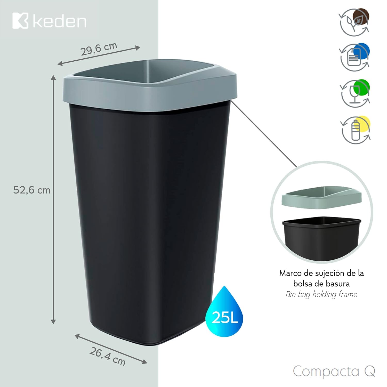 KEDEN 25L recycling bin in plastic with practical open lid yellow.