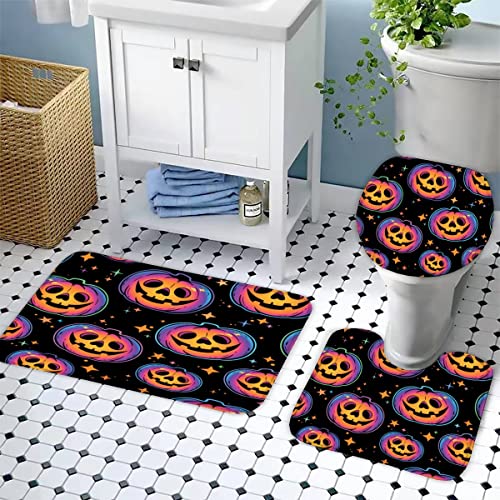 Zifarm Badematte rutschfeste 50x80 cm Halloween Badvorleger-Set 3D Drucken Kürbis Bunt Horror Mikrofaser Flanell… – Bild 3