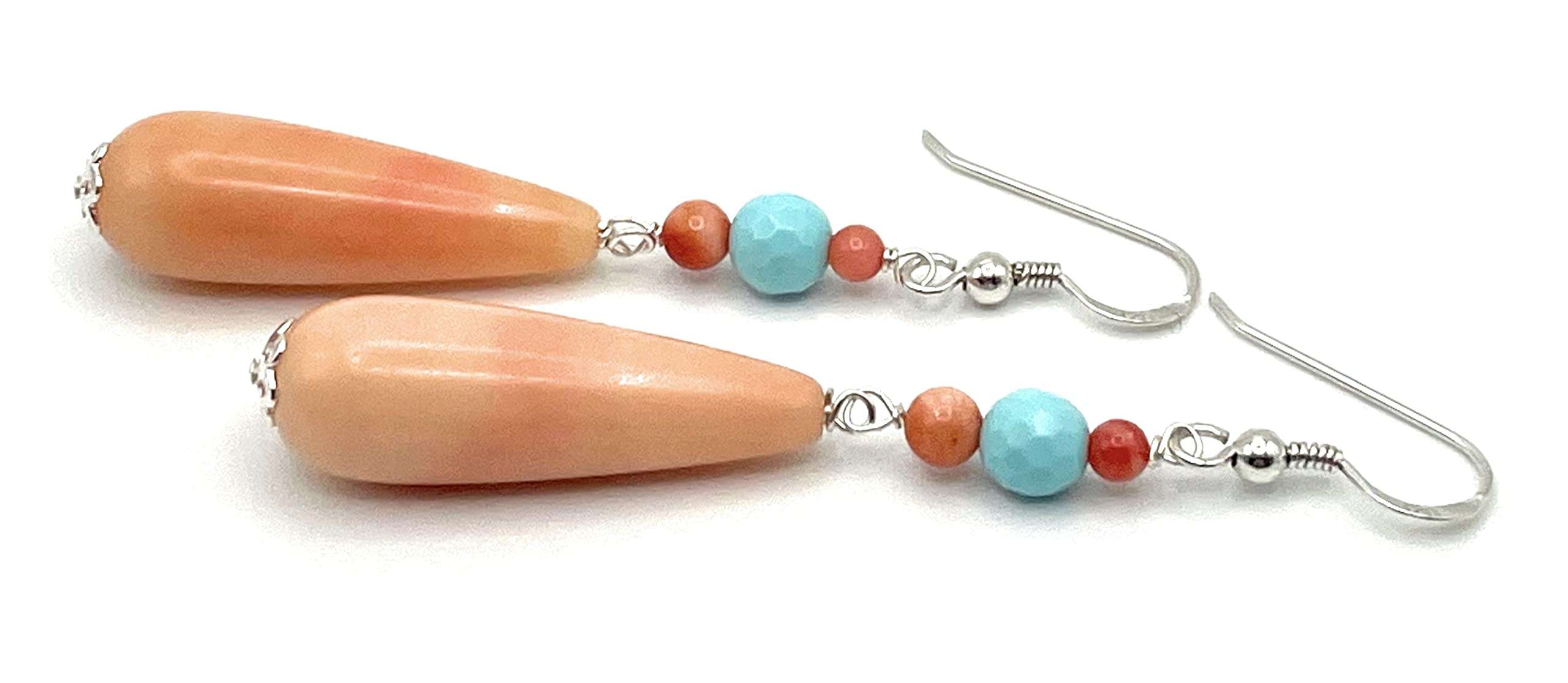 Pendientes Colgantes Largos de Plata 925 y Lagrimas Rosas Coral y Turquesa, Joyas Artesanales, Regalo para Mujeres