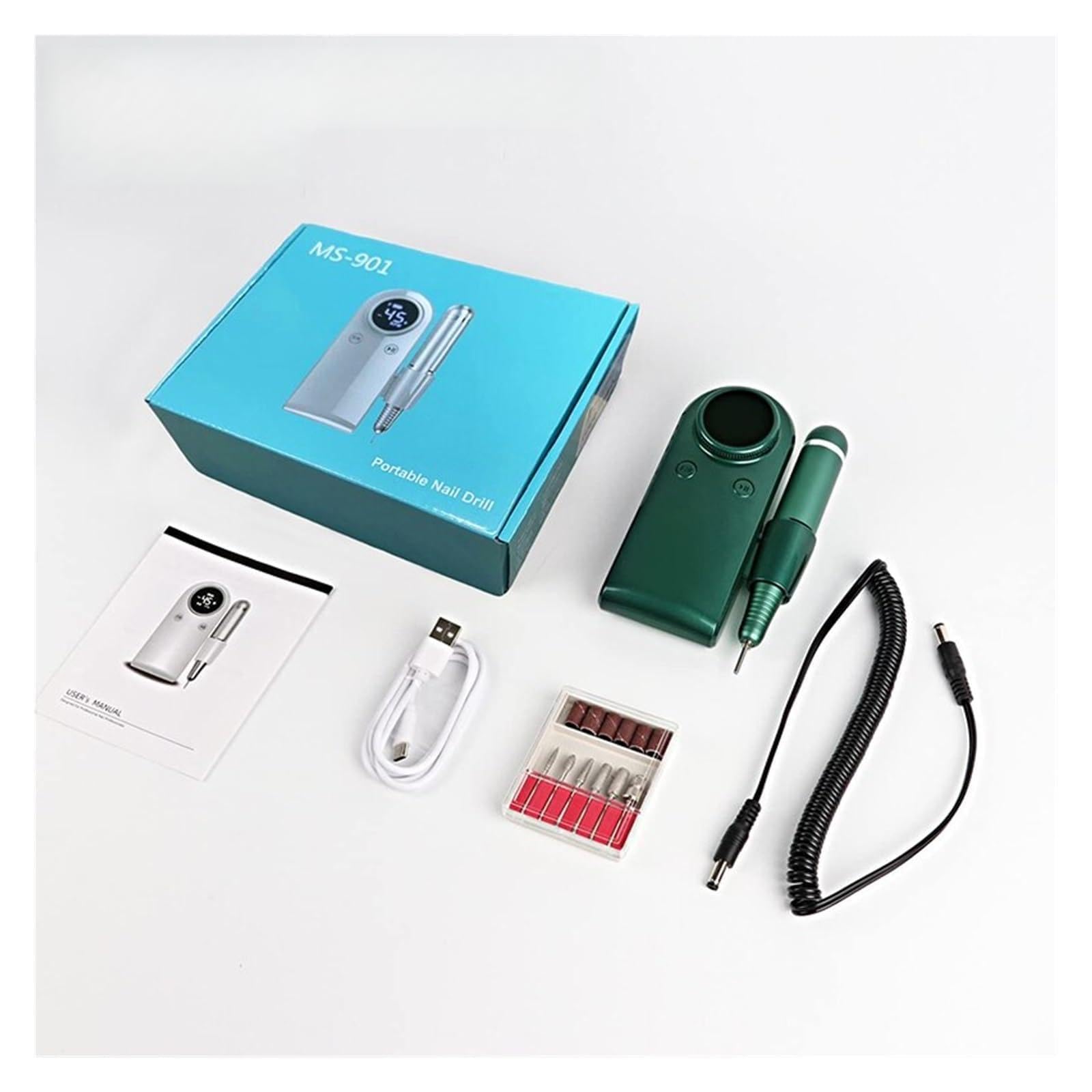 Fresa per Unghie, Macchina for manicure con trapano for unghie ricaricabile da 45000 giri/min, trapano for unghie professionale con display LCD, trapano portatile a batteria for nail art(Green Set)