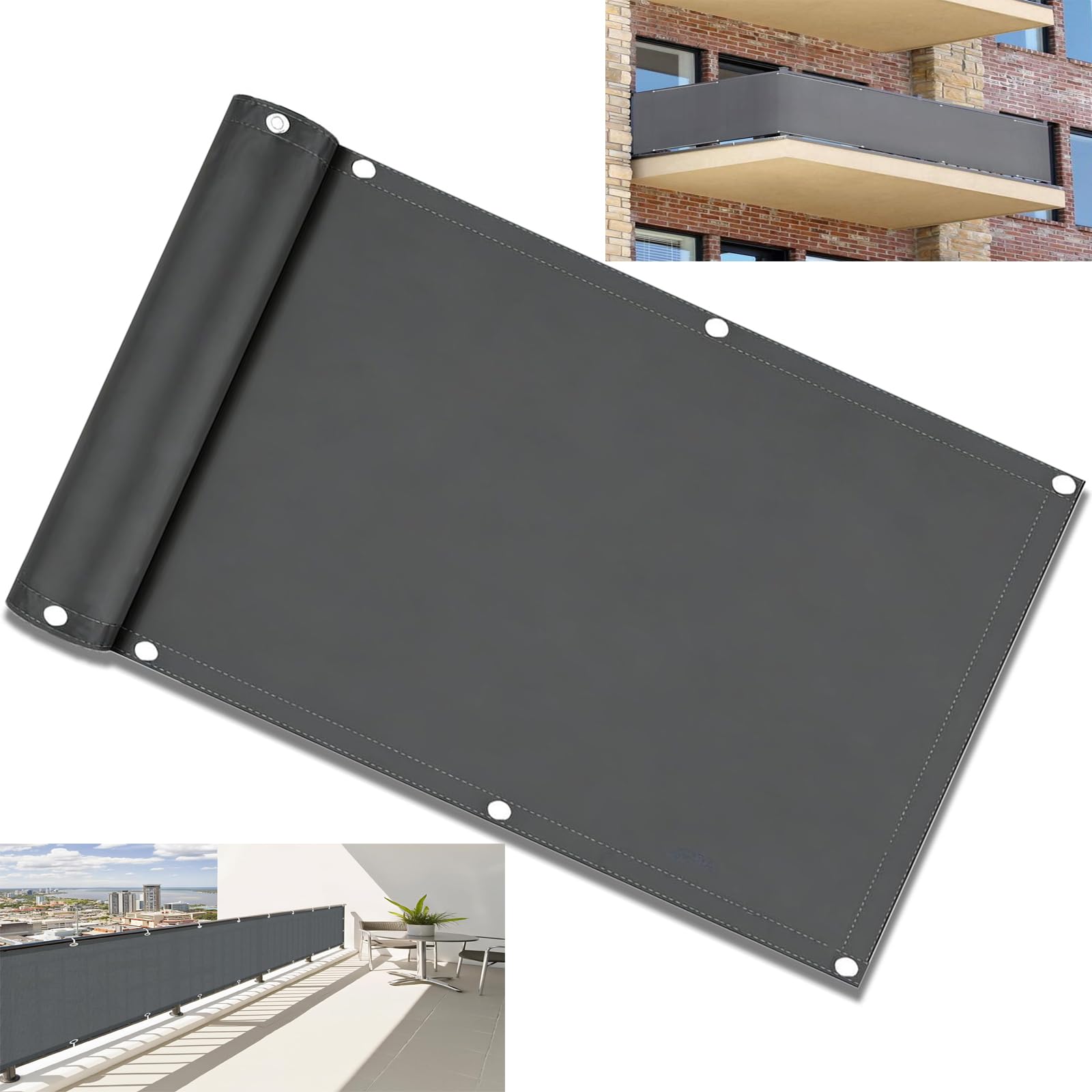 Balkon Sichtschutz Wetterfest Ohne Bohren 1.1x7.5M Anthrazit Balkonumspannung,Balkonabdeckung, UV-Schutz Windschutz mit Kabelbinder für Schwimmbad Balkon Garten