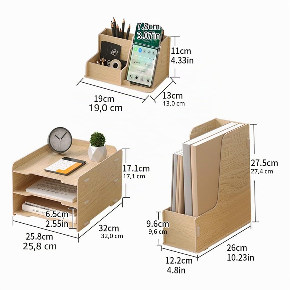 NUODWELL Ensemble de rangement de bureau en bois – Bac à courrier A4 3 niveaux, porte-documents, porte-stylos, organiseur de bureau (chêne)