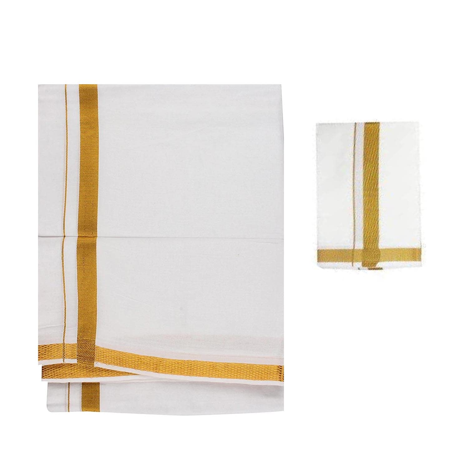 StylesindiaCotton with Gold Zari Border Double Layer Dhotis with Angavastram for Men | Solid White with Gold Zari Border Dhoti | Cotton Dhoti 8 x 4