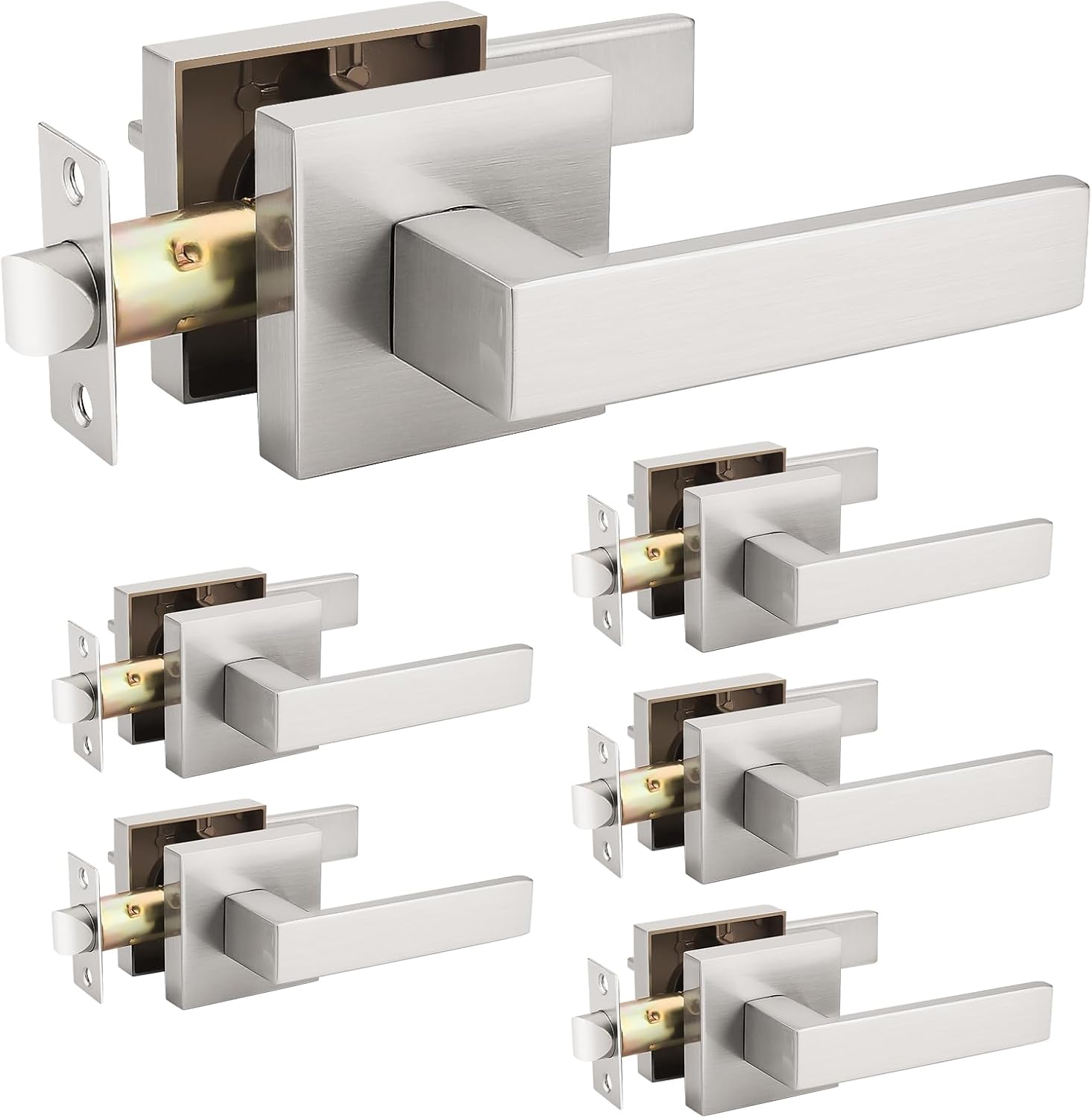 Probrico 6 Pack Satin Nickel Square Door Lever Door Lock Handle Lockset