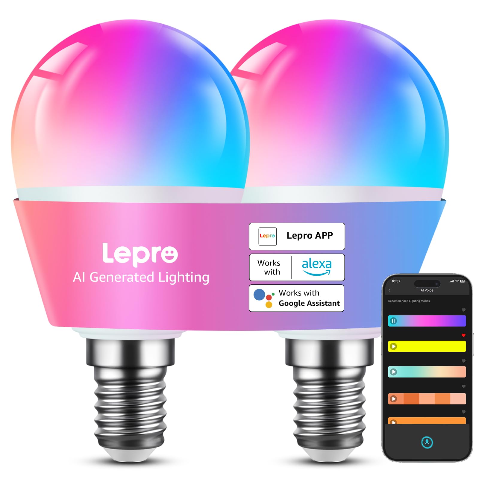 Lepro BP1 AI Bombilla LED E14, G45 Bombilla Inteligente Alexa RGB+CCT Regulable 4.9W 470LM, Diseñador de Iluminación AI Personalizado Wi-Fi Control de Voz y Sync de Música, Funciona con Google, 2Pcs