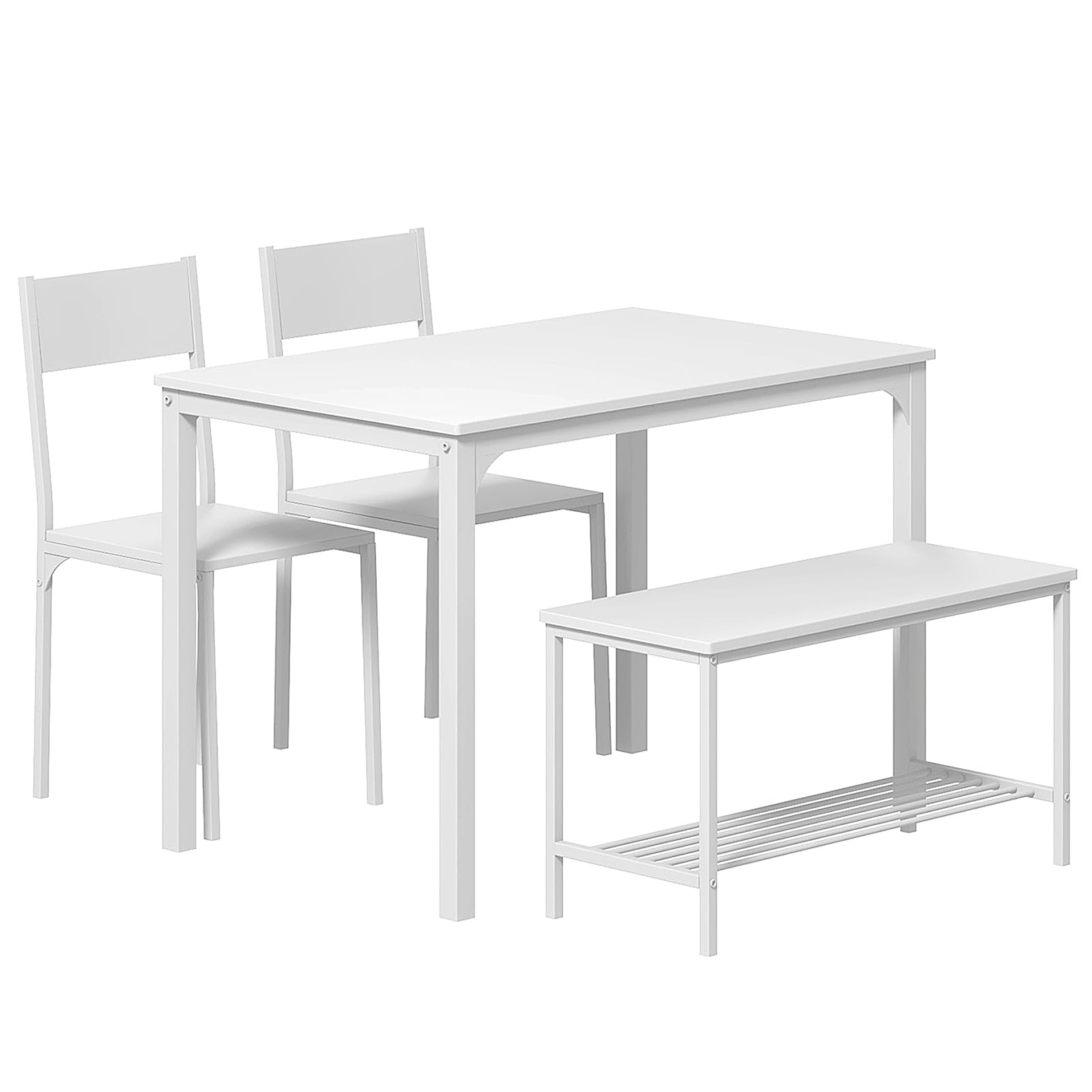 Juego de mesa de cocina para 4, juego de sillas de mesa de comedor compacto con banco, mesa de 4 piezas con estantes de almacenamiento integrados, marco de metal, para apartamento, 3