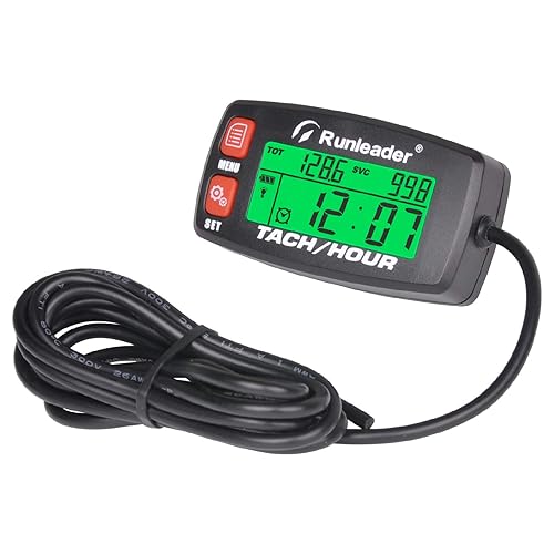 Runleader Tacómetro digital de motor de gas, registro de horas y rpm, medidor de horas de luz de fondo, batería reemplazable para cortacésped,