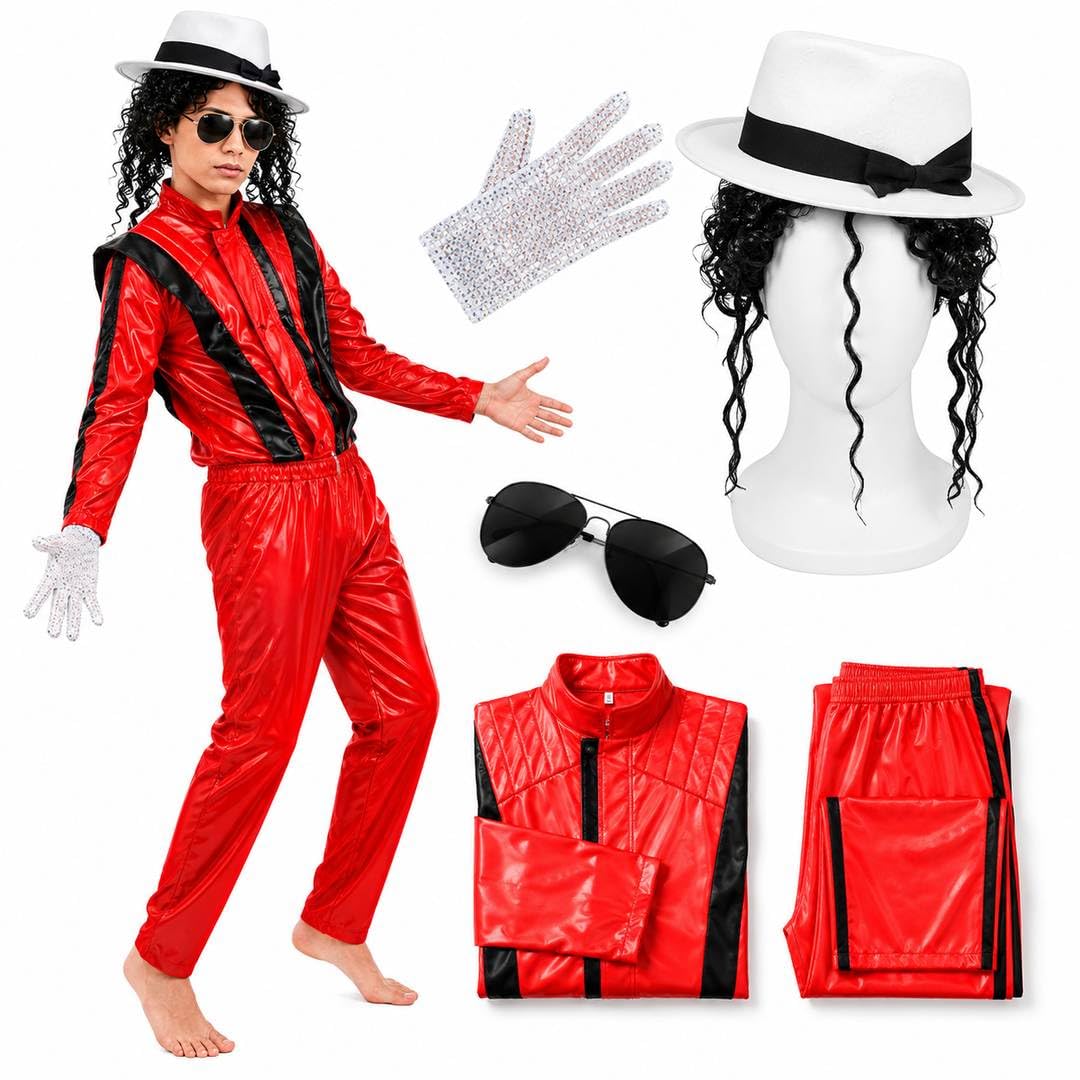 Costume da re del pop per bambini con cappello, parrucca, guanti e occhiali