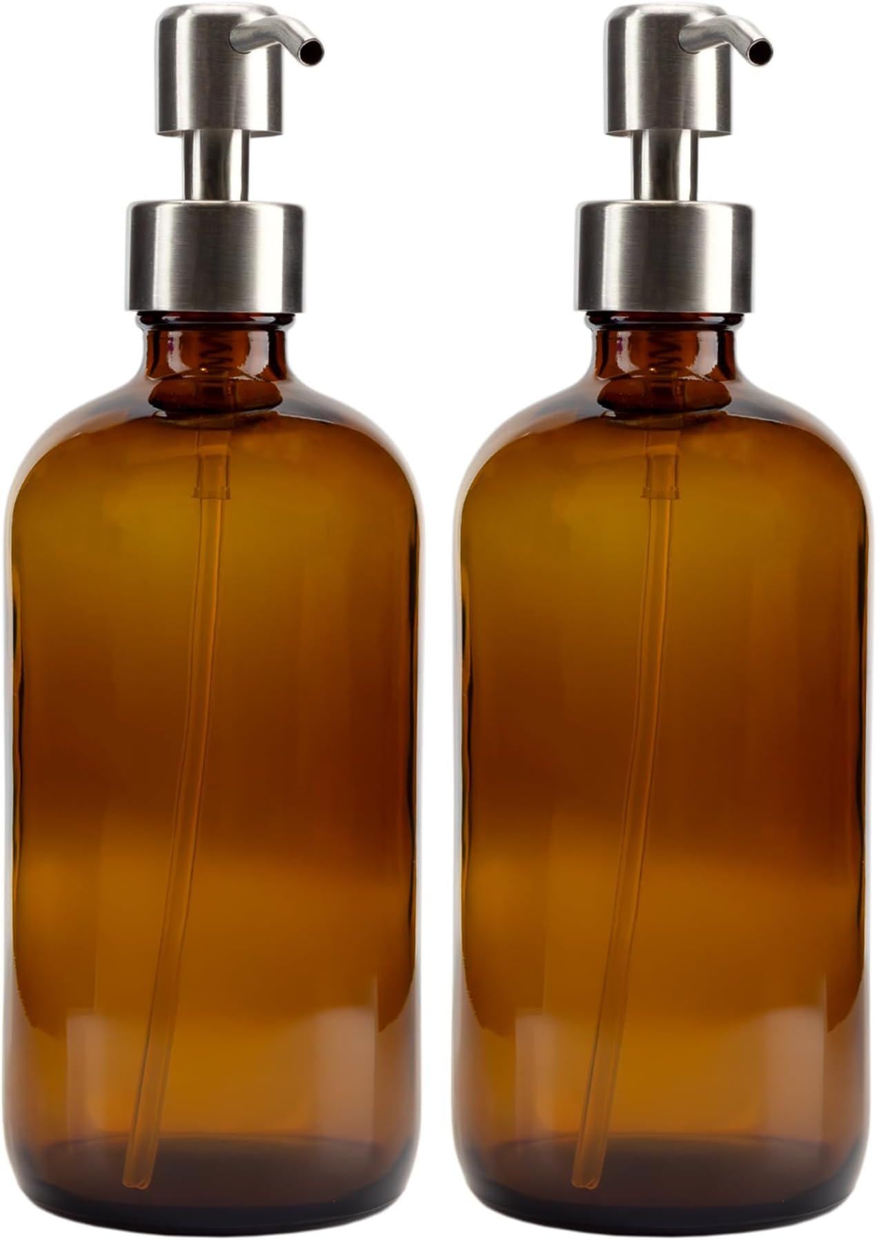 Cornucopia Brands 16-Ounce Amber Glass Bottles w/Stainless Steel Pumps (2-Pack); Lotion & Soap Dispenser Brown Boston Round Bottles for Aromatherapy, DIY