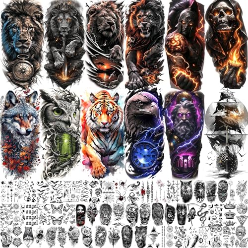 72 Sheets Lion Skull Temporary Tattoos For Men Women, Halloween Half Arm Sleeve Tattoo Stickers Zeus Eagle Tiger Ship, Bulk 3D Watercolor Temp Gothic Waterproof Fake Tattoos Adults Flower Skeleton
