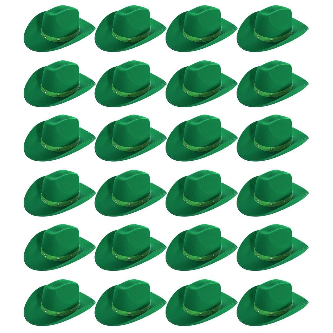 Adults Star Studded Cowboy Hat - Pack of 24 - Green Felt Western Style Hat with Decorative Star Studs - Classic Wild West Fancy Dress Costume Accessory for Parties Festivals Cosplay Cowgirl Events