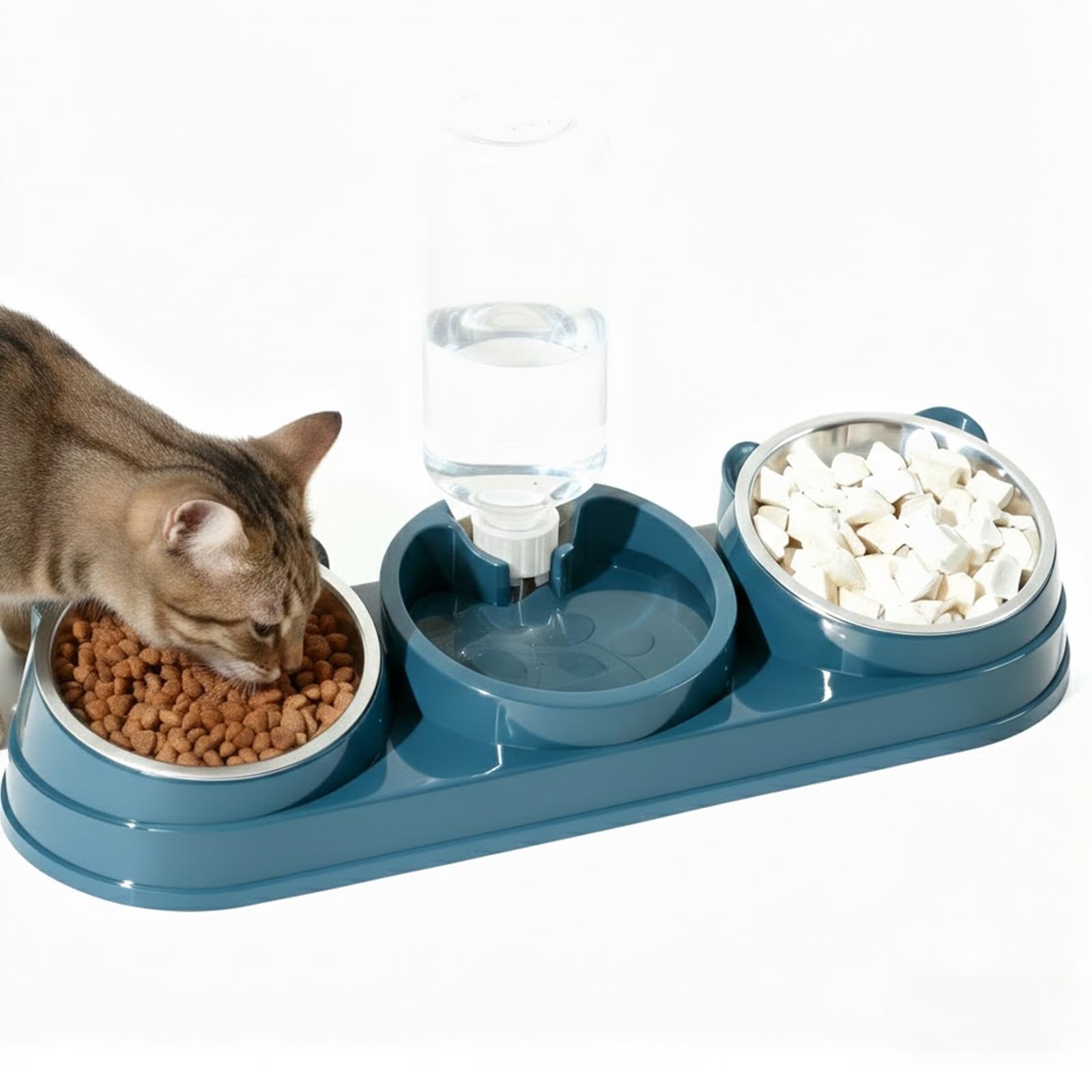 3-in-1 Cat Food and Water Bowl Set, Double Cat Food Bowls with Water Dispenser, Cat Bowls with Stand Tilted, 15° Tilted Stainless Steel Cat Bowl, Pet Feeding Station for Cats, Small Sized Dogs