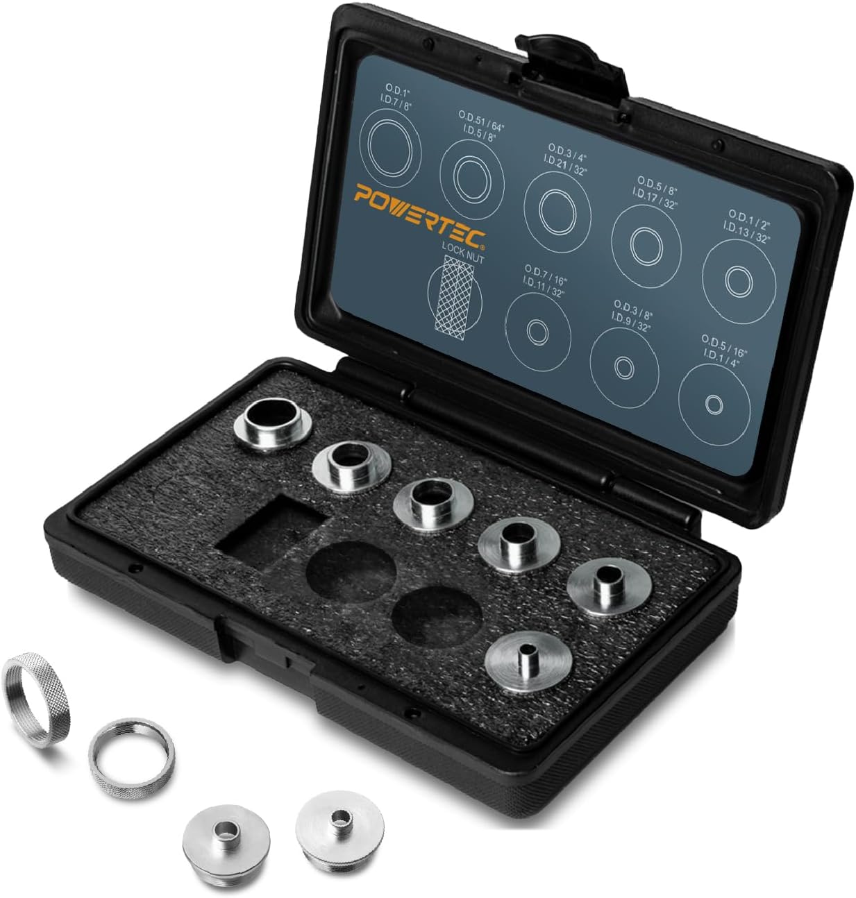 POWERTEC 71051 Router Template Guide Set, Fits Porter Cable Style Sub Bases | 10pc Solid Brass Guides w/ Molded Carrying Case