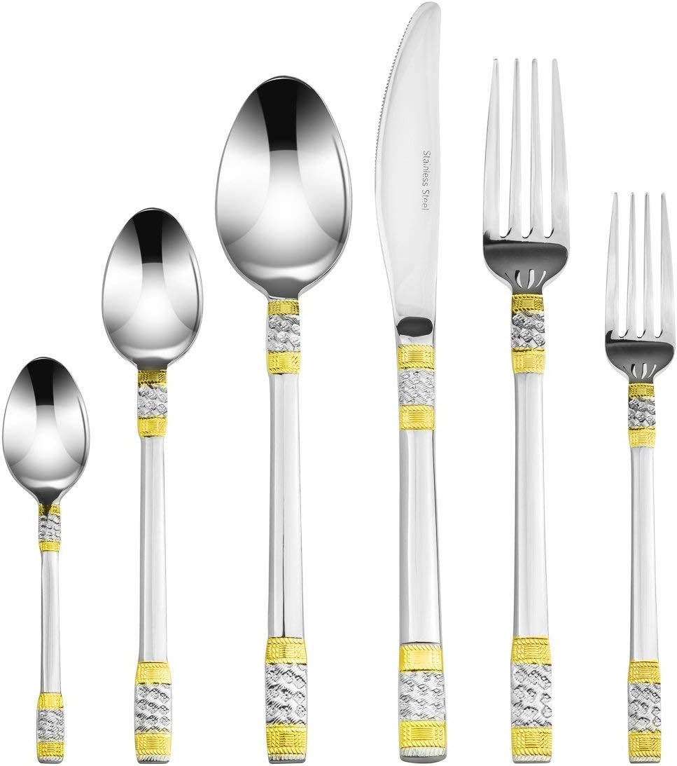World Gifts "Venice" 75-Piece Flatware Silverware Set, Dining Service for 12, Premium 18/10 Surgical Stainless Steel, 24K Gold-Plated Hostess Serving Set, Luxury Cutlery