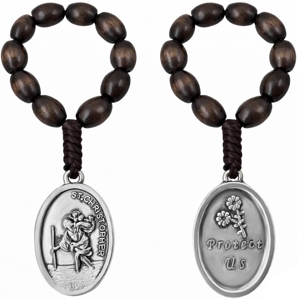 TALISMAN4U 12 Pack Catholic Finger Rosary One Decade Oval Wood Prayer Beads | Mini Rosaries with Mixed Saints Medals, Religious Gift Box