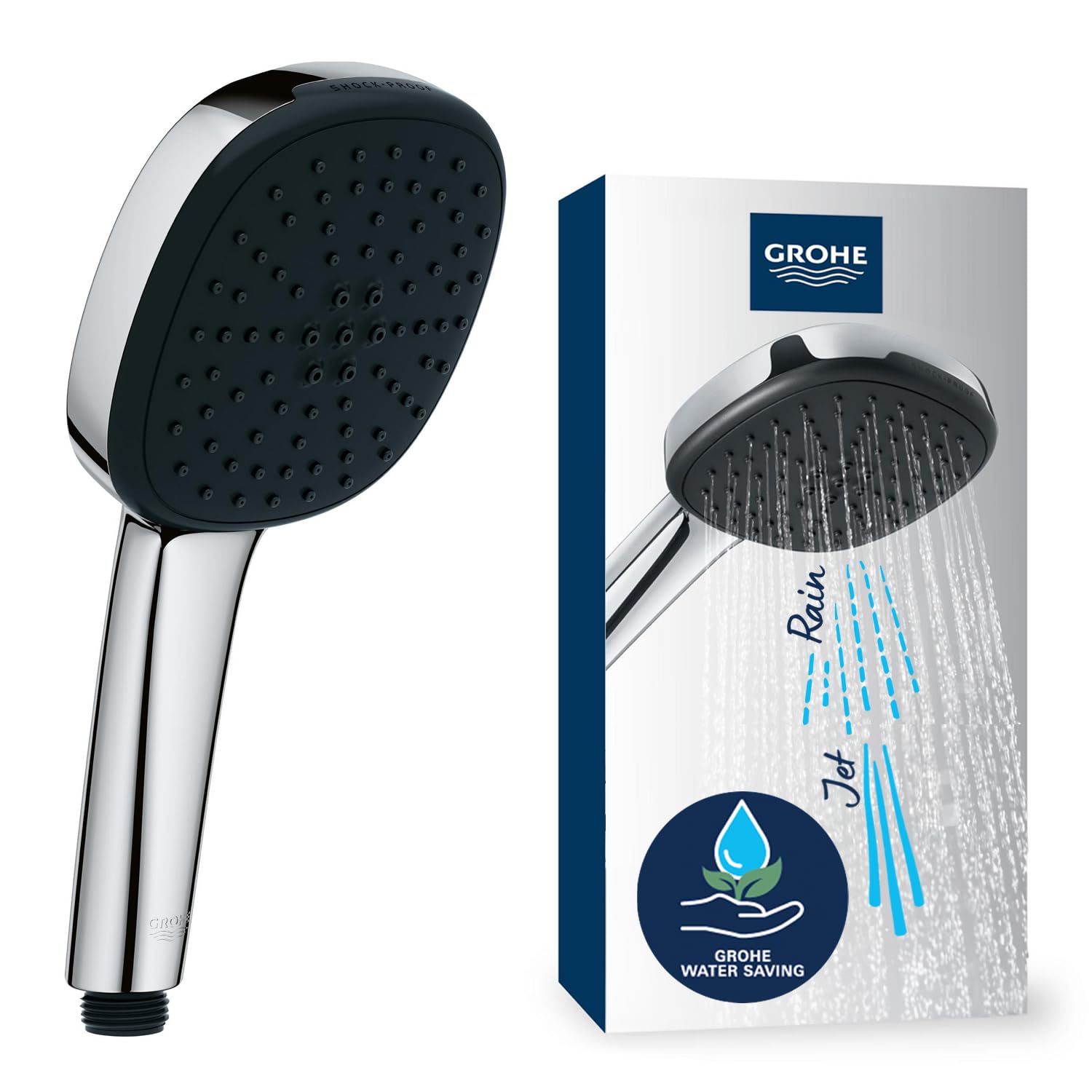 GROHE Vitalio Comfort 110 Handbrause – wassersparend, 2 Strahlarten, Universalanschluss, eckig, chrom