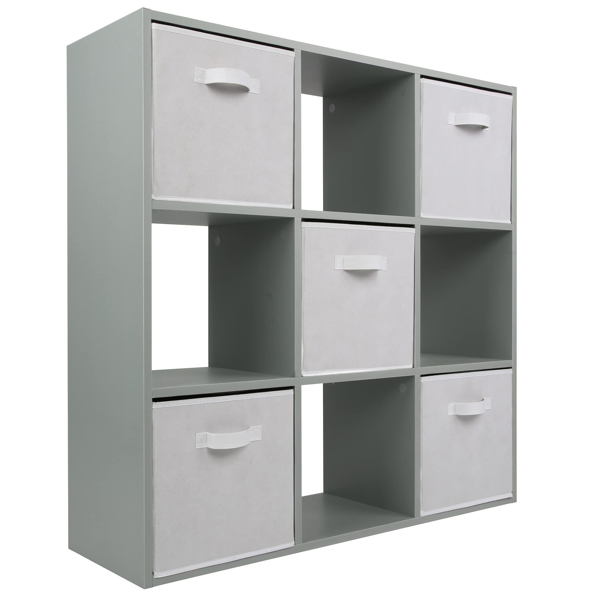 Charles Jacobs Grey 9 Cube Storage Shelving Unit + 5 White Fabric Drawers