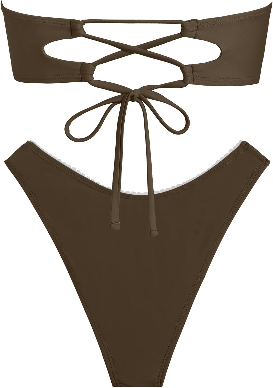 seamoly Women Bandeau Strapless Ruched Bikini Set with Bow Detail Crisscross Tie Back High Cut Cheeky Thong Backless Swimwear
