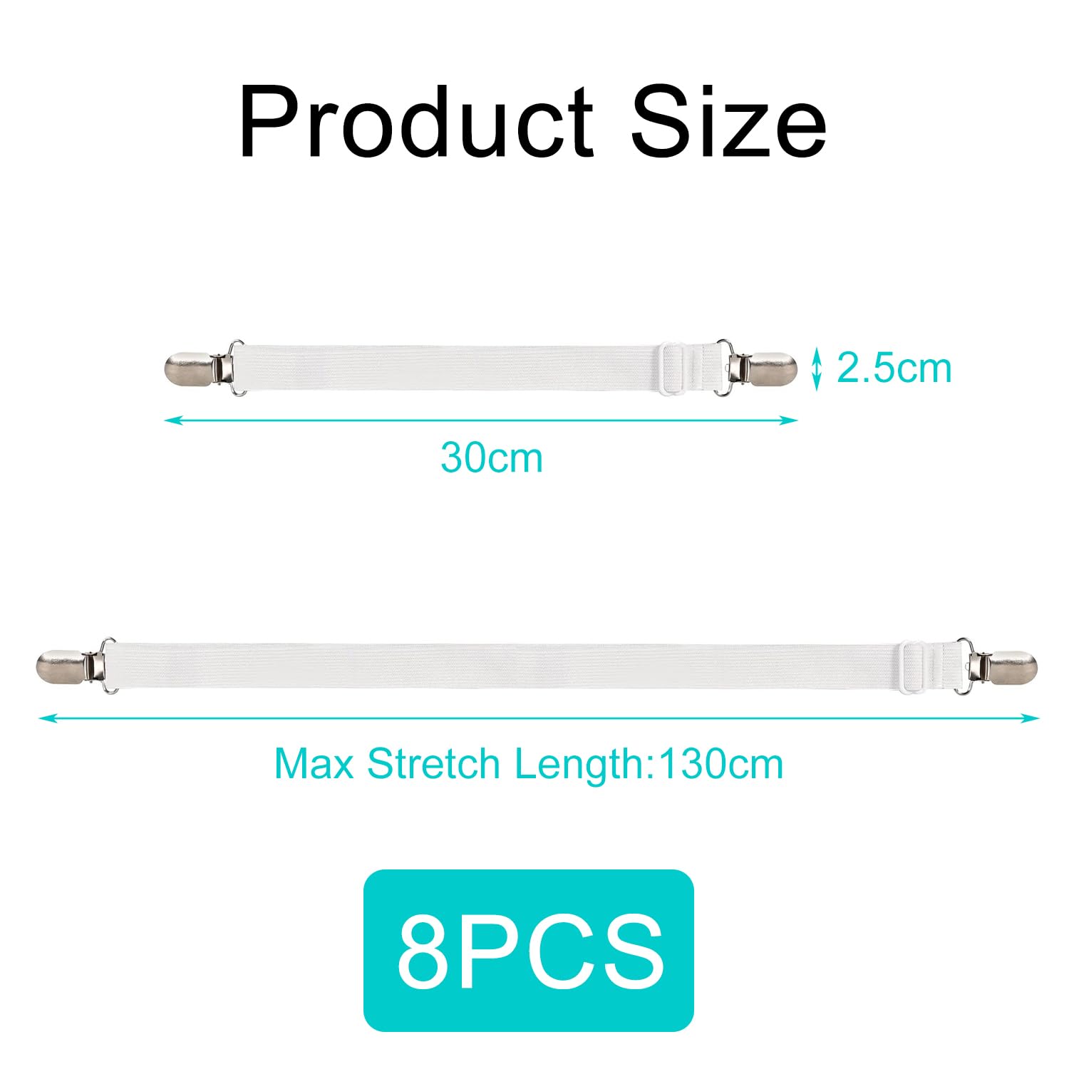 iCovalescent 8 Pezzi Elastici per Lenzuola(30cm-130cm), Clip Lenzuola Bretelle Regolabili Elastici per Materasso, ASSE da Stiro O Divano ECC(Bianco)