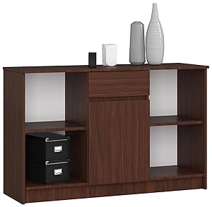 AKORD Cómoda B-17 de 120 cm, 1 puerta y un cajón, para salón, dormitorio, armario, salón, diseño moderno y funcional, placa laminada de 16 mm, color wengué