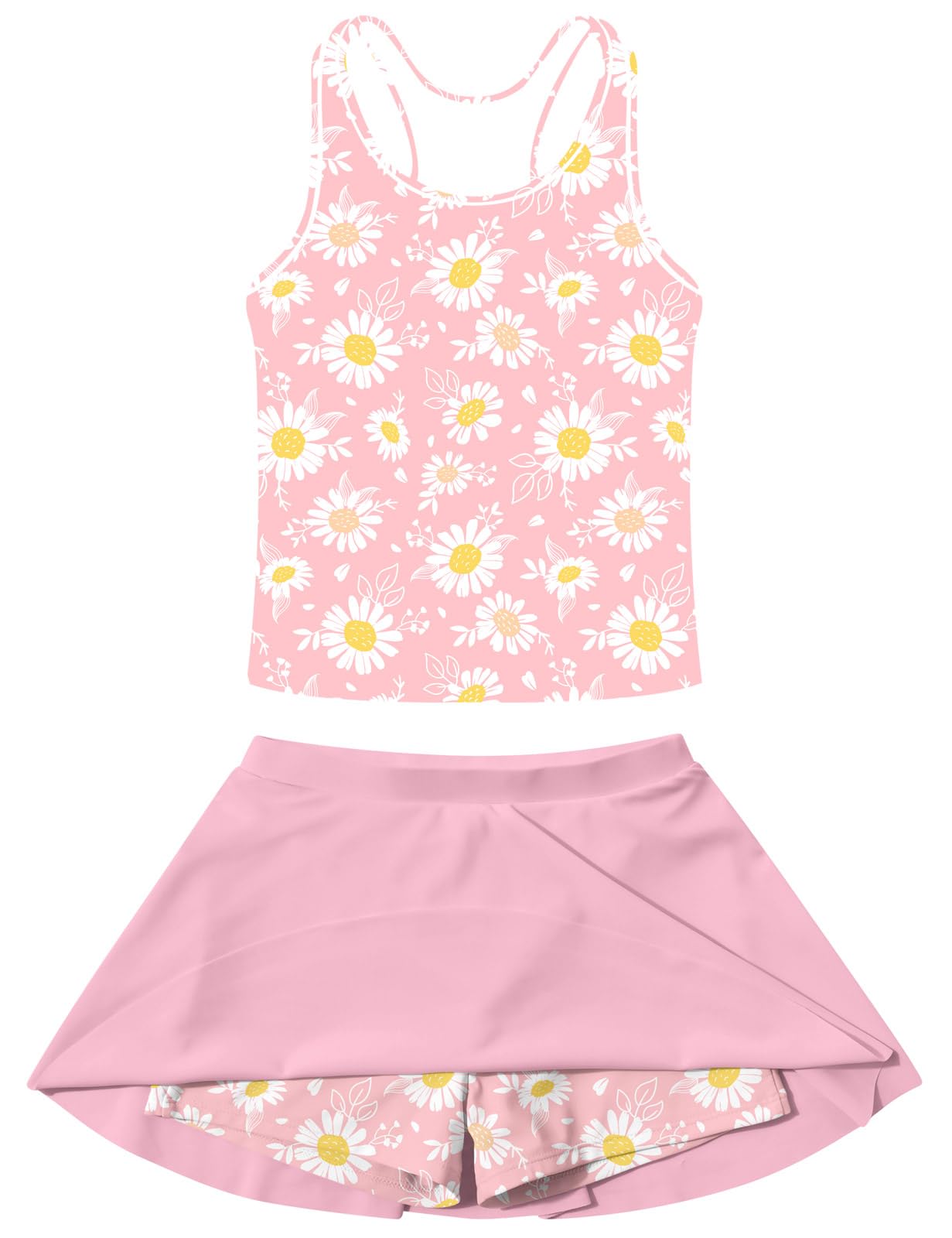 Vogseek Girls Bathing Suit Size 8 Pink Yellow Flowers Graphic Girls Swimsuit with Skirt for Little Girl 2-Piece 3D Drift Tank Sleeve Kid Swimwear for Beach Surfing