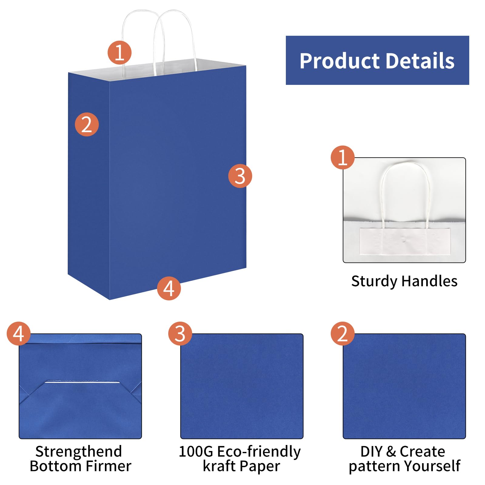 Oikss 50 Pack 10x5x13 Royal Blue Kraft Paper Bags with Handles Bulk for Birthday Party Favors Grocery Retail Shopping Business Goody Recycled Craft Gift Bags (Large Size, 50 Count)