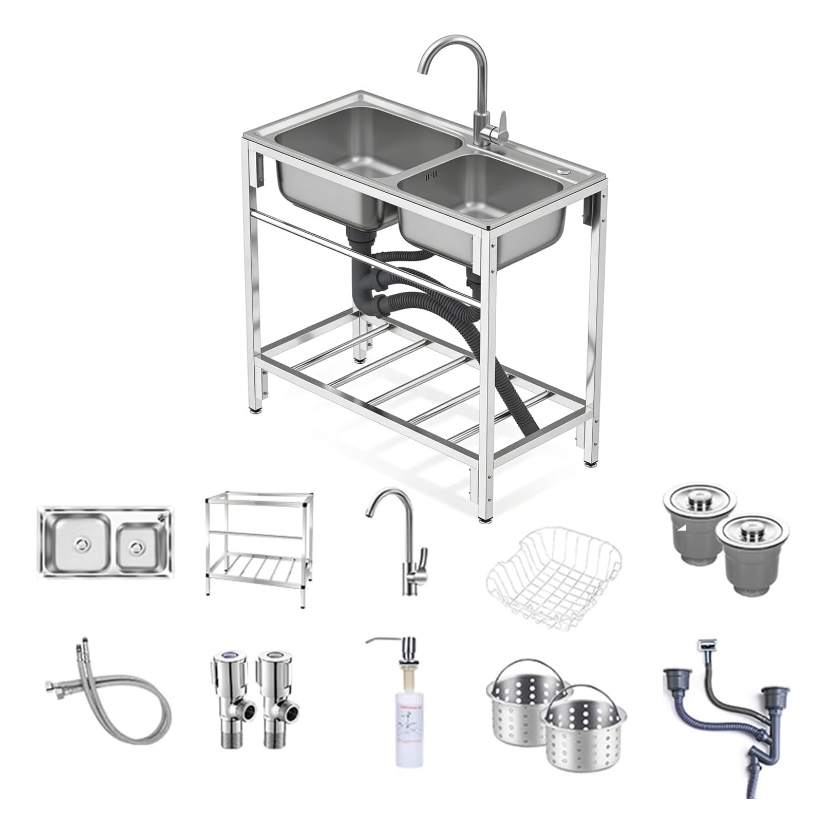 Edelstahl-Spülbecken mit Zwei Becken, freistehend, mit Kalt- und Warmwasseranschluss, für Garten, Küche, Waschküche, Garage und Außenbereich