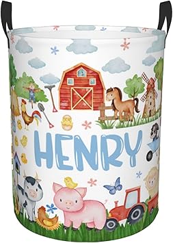 ZOE DAVISON Custom Farm Animals Laundry Baskets, Personalized Animal Pattern Gifts with Customized Name, Collapsible Laundry Hamper for Kids Adults Home Decoration,16.5 X 13.8in