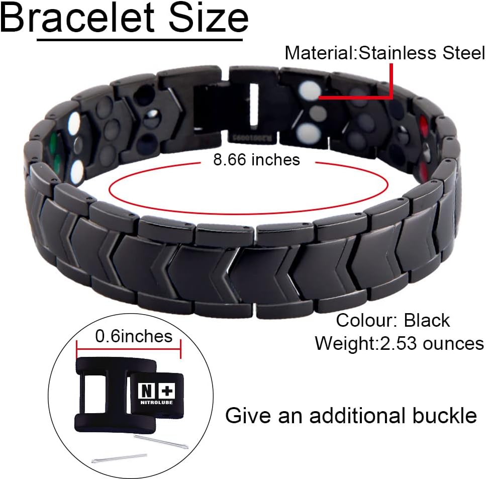 KYOSI Black Mens Magnetic Bracelet Three rows Magnet Link Stainless Steel Bracelet for Men Jewelry 8.66 inches - Image 2