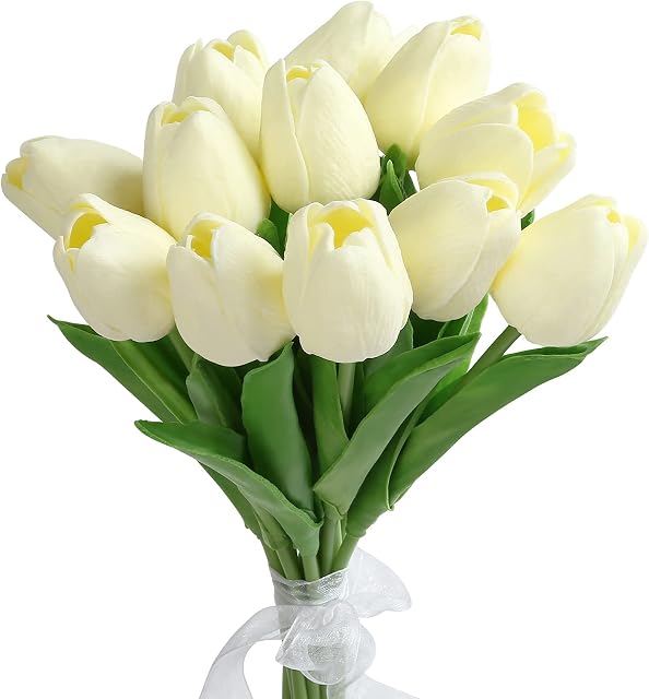 Kesote 12Pcs Milk White Artificial Tulip Flowers Real Touch Artificial Tulips Realistic Tulip Flowers Faux Tulips for Wedding Party Album Decoration & Garden Decoration DIY Craft Project - 13.4