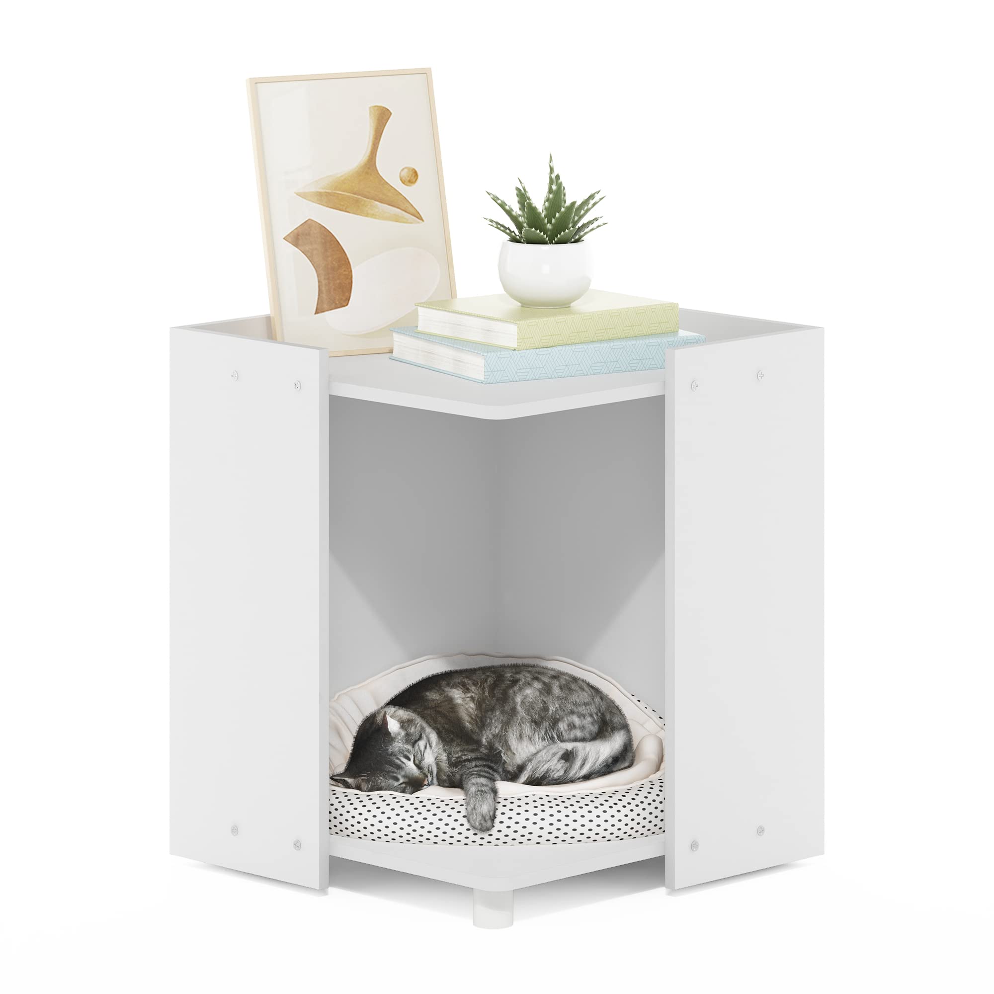 Furinno PELI Cat Litter Box Enclosure, 17 Square Hidden Litter Box Furniture with Open Storage, Wooden Pet House, Easy Assembly, for Living Room, Solid White