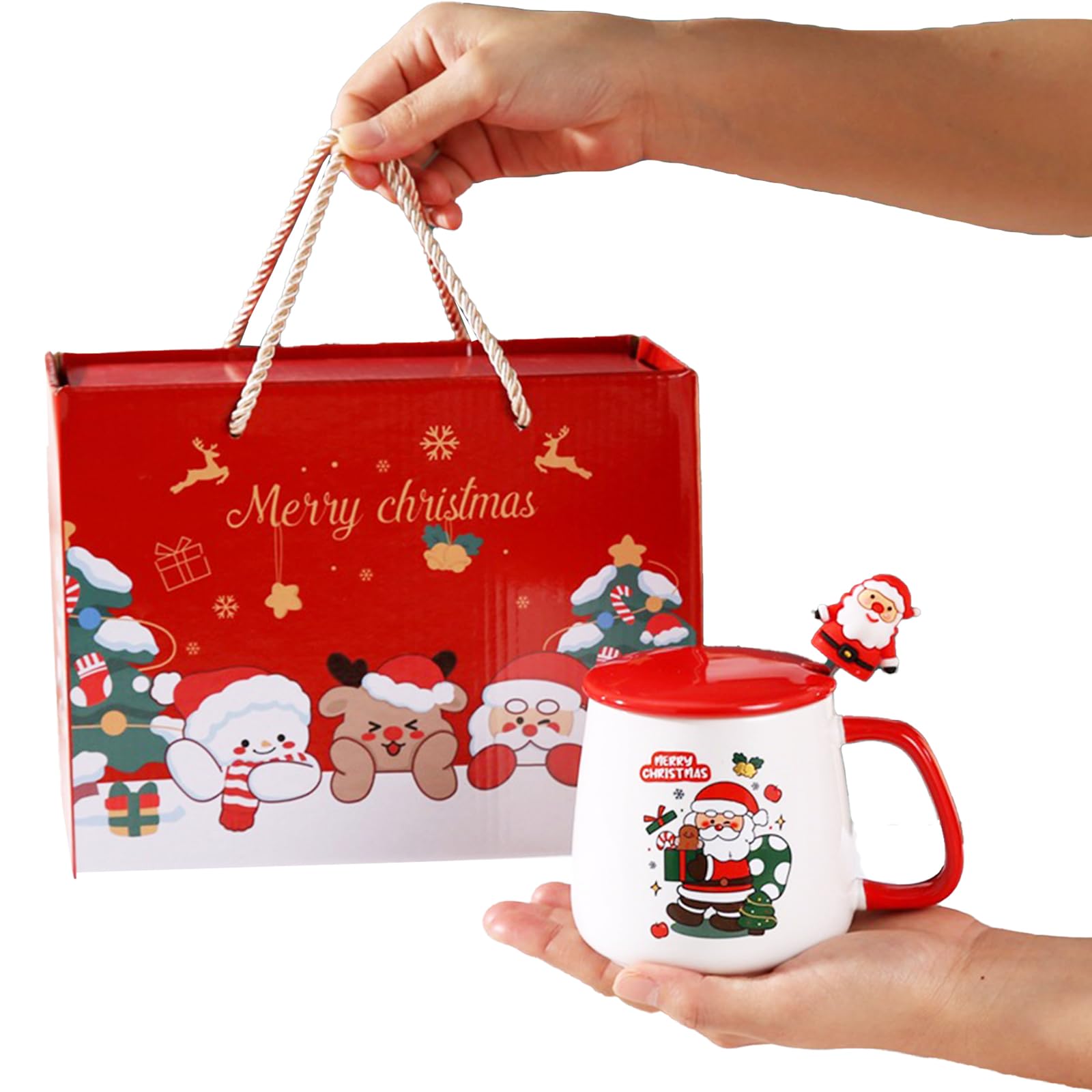 BestAlice Ceramic Coffee Mug with Lid and Spoon, Santa Claus Design, Dishwasher-Safe, Perfect for Christmas and Winter Celebrations