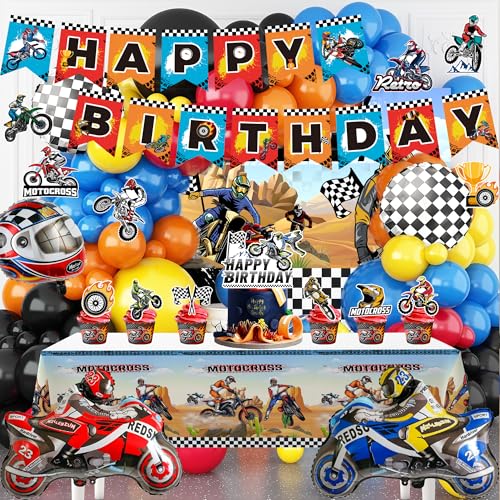 Fournitures de Fête pour Motocross,102pcs Decoration Moto Cross Anniversaire Bannière Thèmes Motocross Ballon Gateau ect,pour Decoration Moto Cross Anniversaire