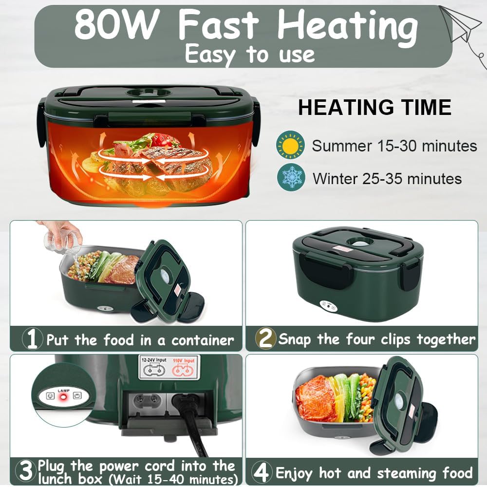 Electric Lunch Box for Adults - 1.5L Single/Double Layer Stainless Steel Food Warmer - 80W Fast PTC Heated Lunchbox, 12V/24V/110V Portable Food Heater for Car&Truck, Office, Camping, Travel(Green) - Image 4