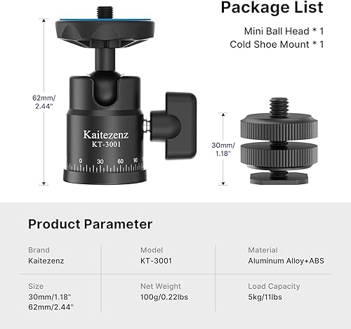 Miniatura 7 de Mini cabeza de bola, cabeza de trípode de cámara panorámica con tornillo de 14 pulgadas y soporte de zapata doble, adaptador de metal giratorio 360