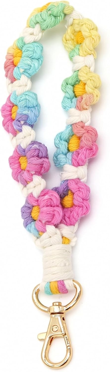 Moydolo Boho Macrame Keychain Wristlet - Handmade Flower Lanyard, Cute Weave Bracelet Key Ring for Women