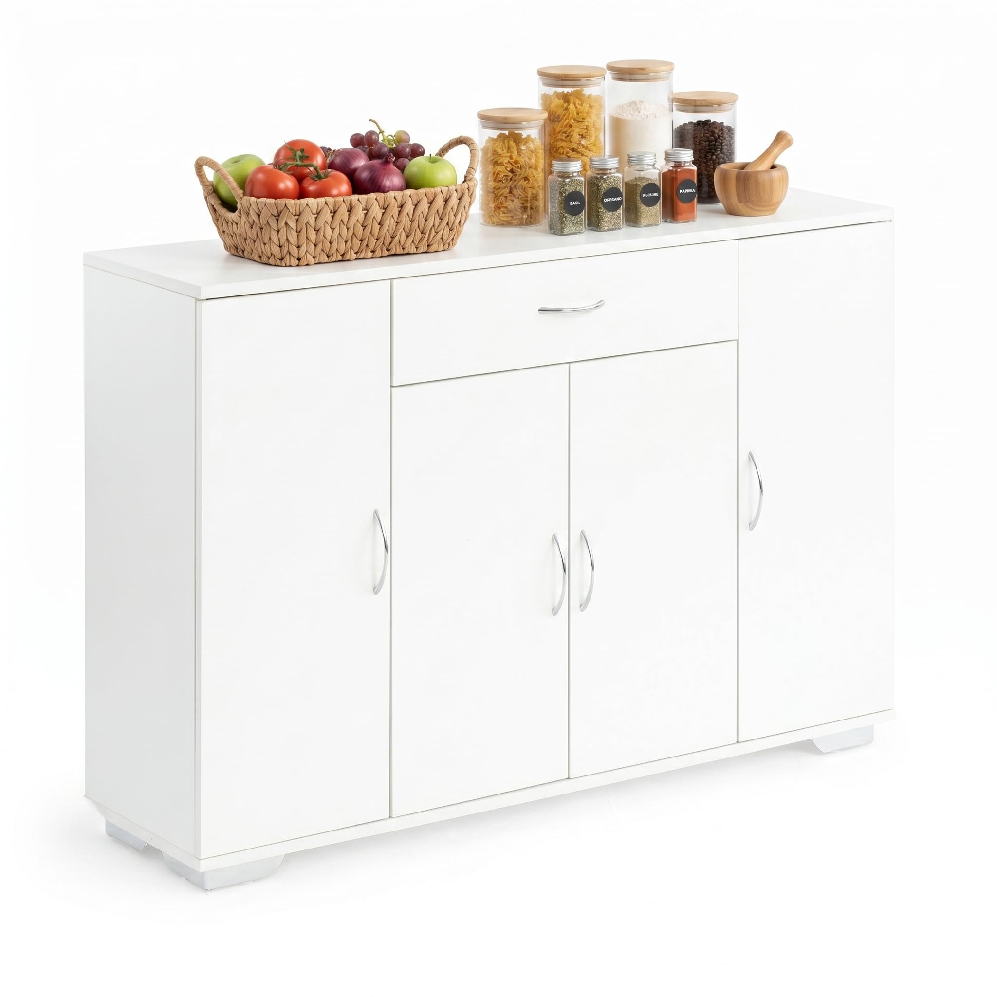 Küchenunterschrank mit Schublade und Türen, Moderner Küchenschrank Unterschrank Stauraum Schrank Sideboard Mehrzweckschrank Küchenmöbel Aufbewahrungsschrank für Küche/Esszimmer/110x30x70CM/Weiß