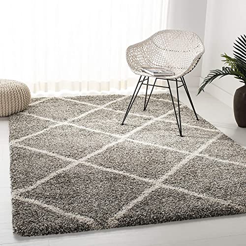 Image of Trellis Design Microfiber Hand Woven Shaggy Carpet Collection with 2 inch Pile Height Carpet for Living Room Size 4x4 feet Square coular Lgrey /Ivory