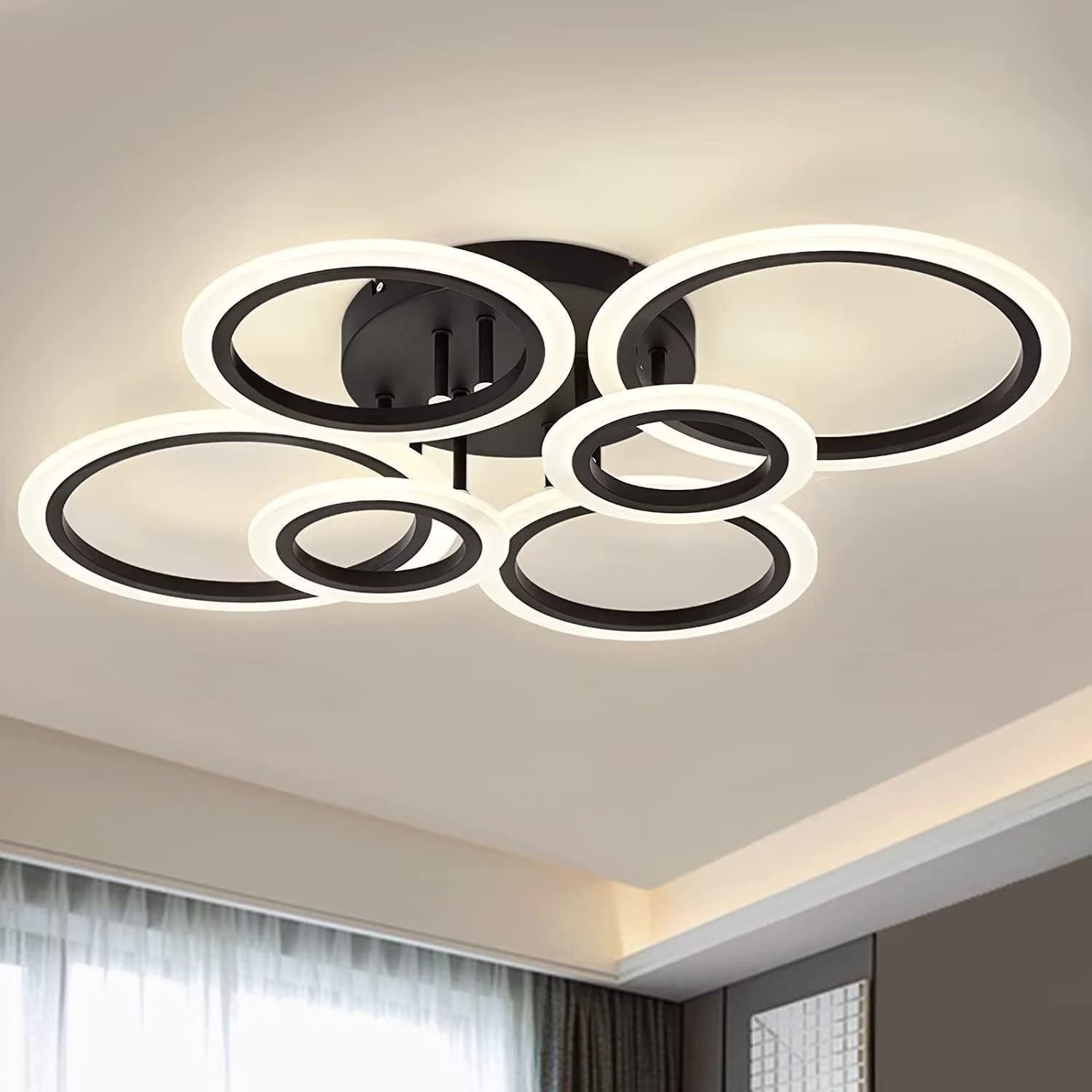 EFPD Modern LED 6 Ring Ceiling Light, 72W, Black Ceiling, Bedroom Modern Ceiling Light for Living Room, Bedroom, Dining Room, dimmable Remote Control — image 1