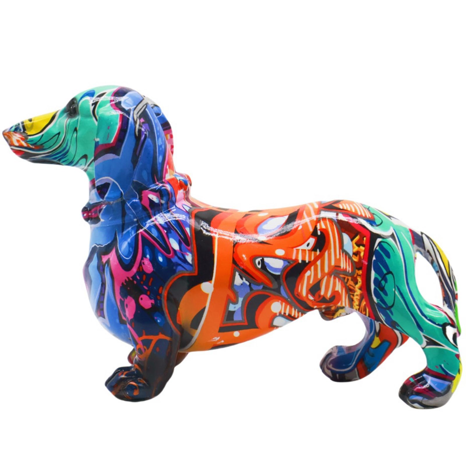 BZHIB Handcrafted 8.26 Inch Colorful Dachshund Dog Statue, Resin Dog Figurine for Desk & Shelf Decor, Unique Home & Office Decoration, Gift for Dog Lovers (A, One Size)