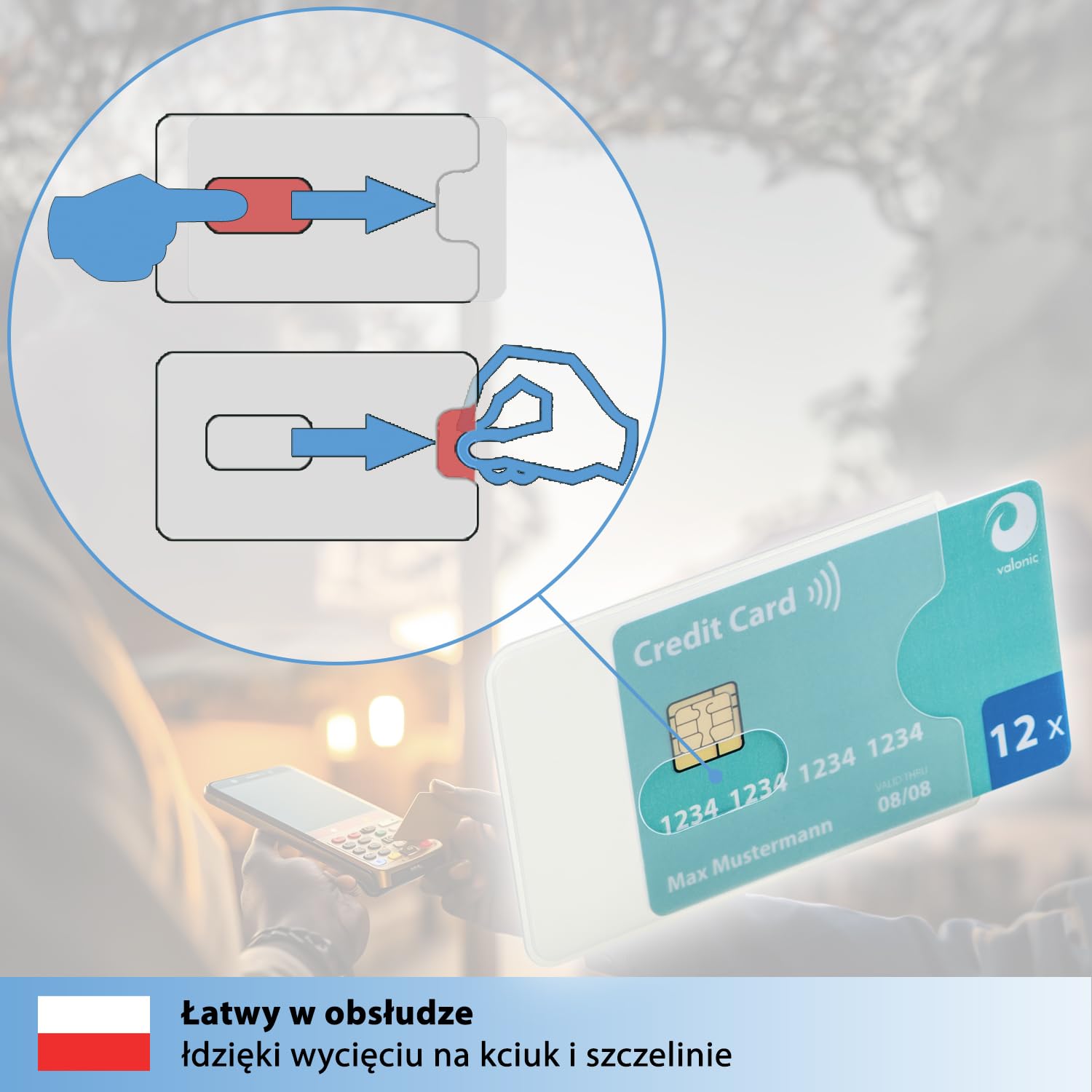 valonic osłona karty - 12 sztuk, wytrzymały plastik, wycięcie na otwór - matowa, przezroczysta - osłona do kart kredytowych i kart EC