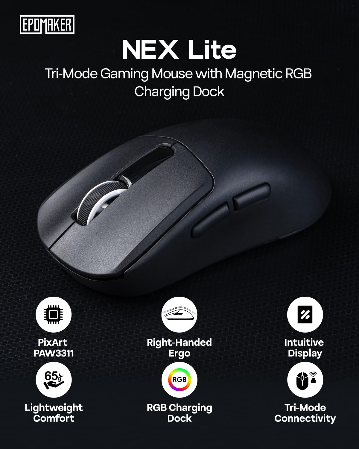EPOMAKER NEX Lite Souris Gamer sans Fil, Double Écran&Station de Charge RVB