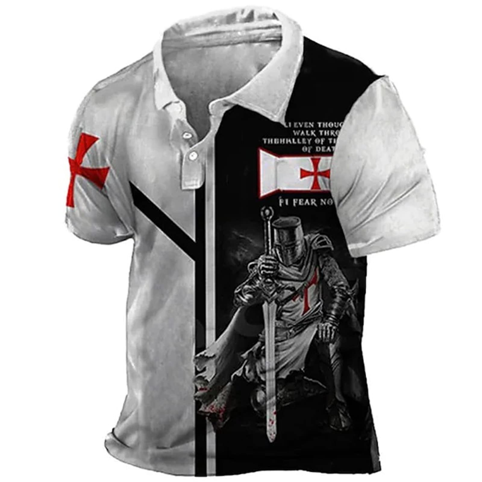 XUNGHO Men's Knights Templar Printed Polo Lapel T-Shirt Outdoor Stitching Color Summer Short Sleeve Crusader Polo Shirt