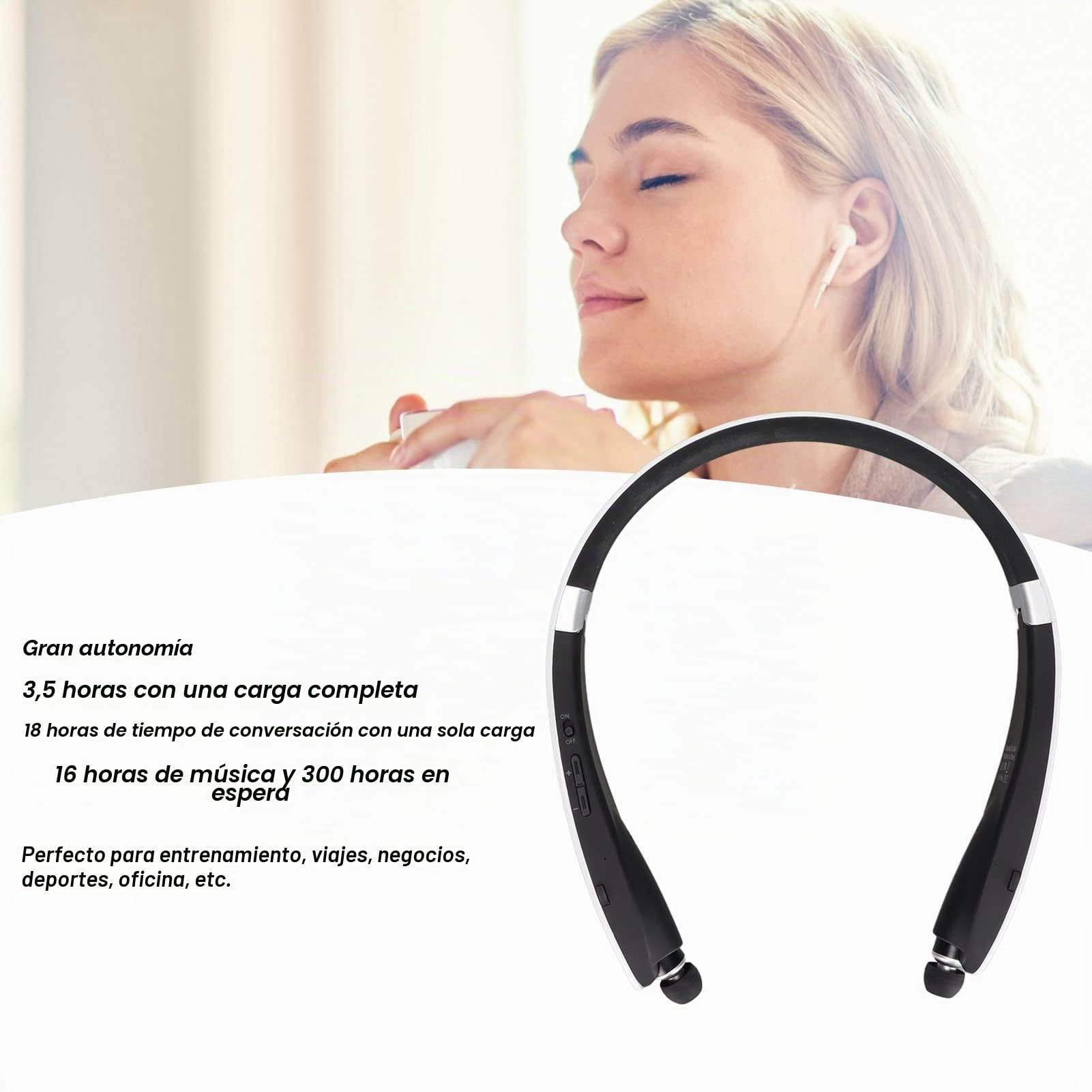 Auriculares Bluetooth 5.0 con Banda para El Cuello, Cancelación de Ruido CVC, Micrófono HD, Subwoofer Estéreo, Auriculares Retráctiles Plegables, Llamadas Claras y Estables para Viajes(Blanco)