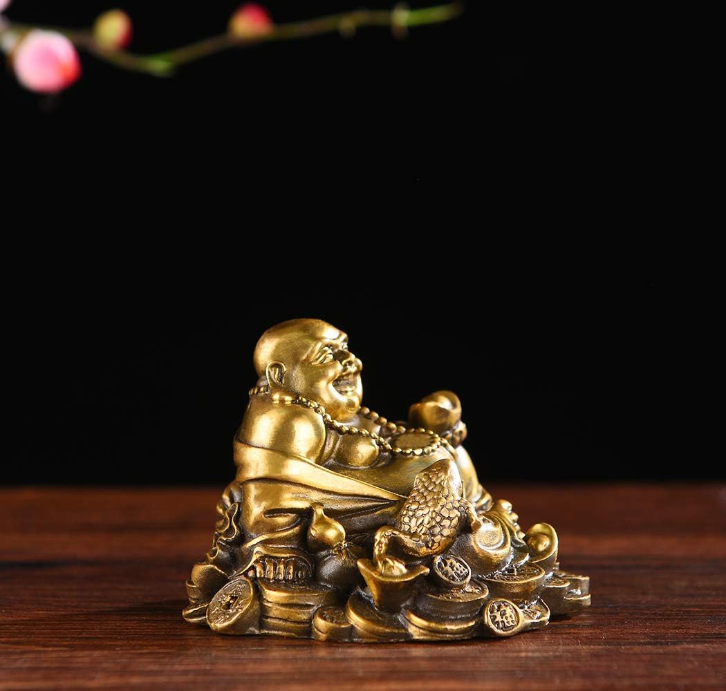BRABUD Brass Sitting Laughing Buddha with Money Frog Protect House Peace Wealth Decoration TQ163