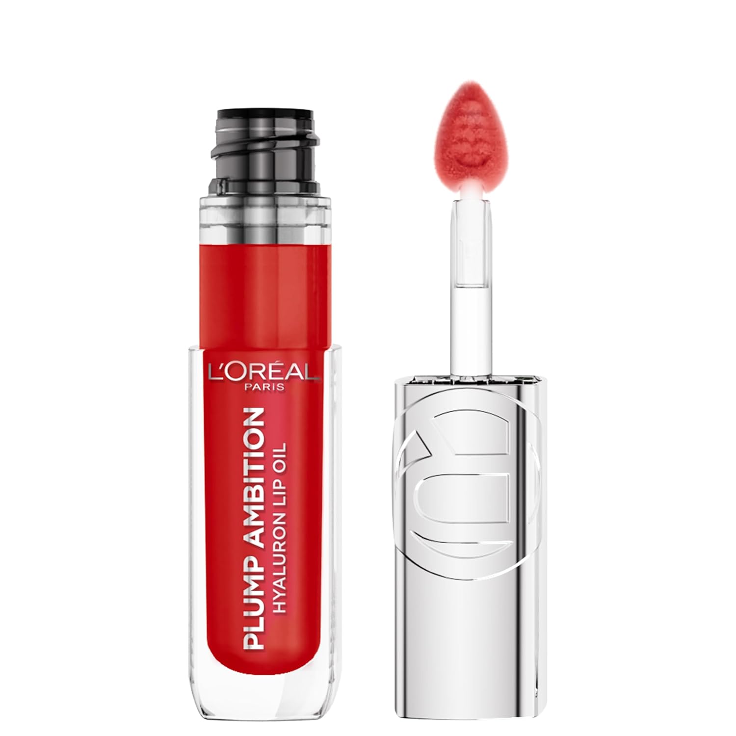 L’Oreal Paris Plump Ambition Hyaluron Lip Oil, 24 HR Lip Gloss with Hyaluronic Acid, Volumizing Formula with Glass-Like Shine, Rouge In Love 380, 0.16 Fl Oz